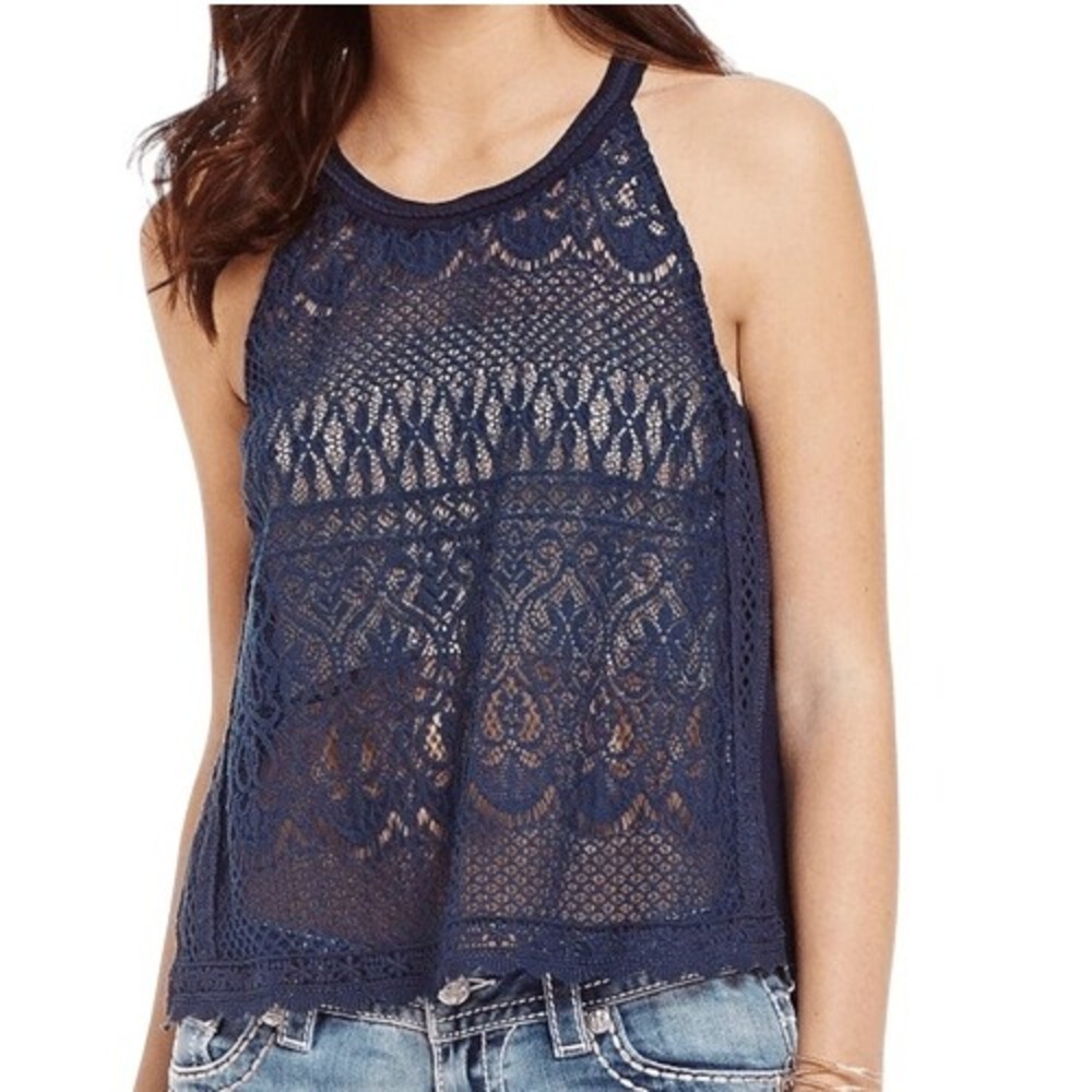MISS ME Navy Lace Overlay Chiffonβ Split Back Button Sleeveless Top EUC Size S